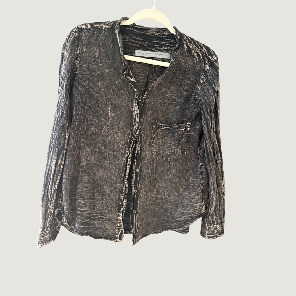 Raquel Allegra Acid Wash Crinkle Gauze Button Down Shirt Charcoal Black Grunge S